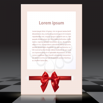 Flyer with red satin bow on the chess background.  Congratulations. Vector illustration.