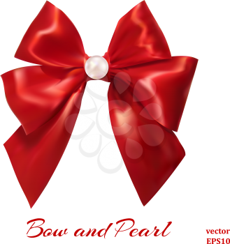 Red satin bow with a pearl pearl isolated on a white background. Design your gift products. Vector illustration.