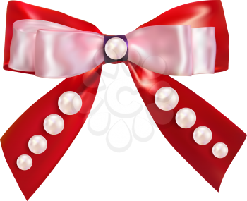 Red bow with a pearl pearls isolated on a white background. Design your gift products. Vector 
illustration.