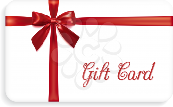 Gift card with a red bow and ribbons. Design element. Vector illustration