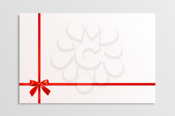 White blank card with a red bow and ribbons. Design element. Vector illustration