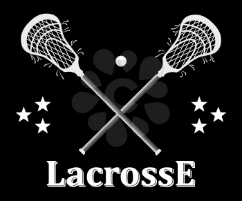 Crossed lacrosse stick and ball on a black background. Vector illustration