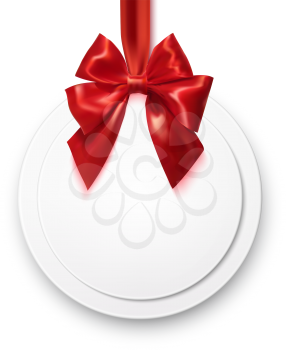 Blank white badge with a red silk ribbon and red bow on a white background. Vector illustration