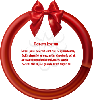 Round design element with red ribbon and bow. Vector illustration