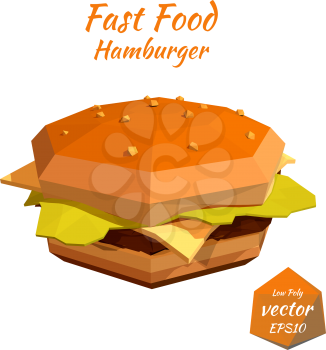 Fast food: cheeseburger, hamburger with cutlet, cheese and tomato isolated on white background. Low poly style. Design your menu diner bistro. Vector illustration.