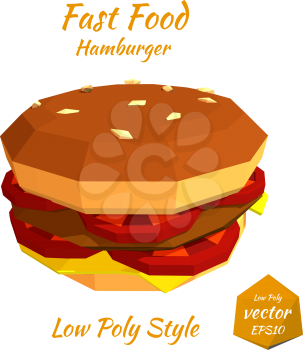Hamburger with cutlet and tomato isolated on white background. Low poly style. Design your menu diner bistro. Fast food. Vector illustration.