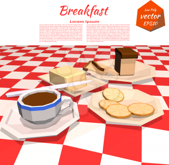 Banner with avtrakom on the table: butter, coffee, bread, knife, lemon, plate. Healthy lifestyle. Low poly style. Vector illustration.