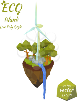 Island falling river and wind turbines isolated on white background. Nature, landscape. Green tourism. Low poly style. Vector illustration.