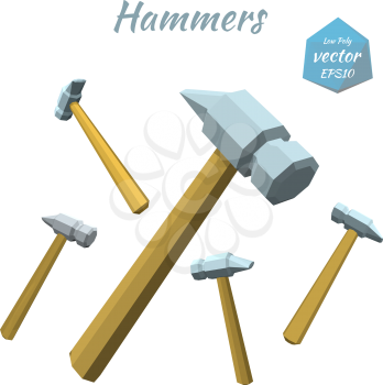 Set of hammers isolated on white background. Low poly style. Vector illustration.