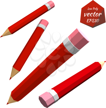 Set of red pencils isolated on white background. Low poly style.  Vector illustration. 