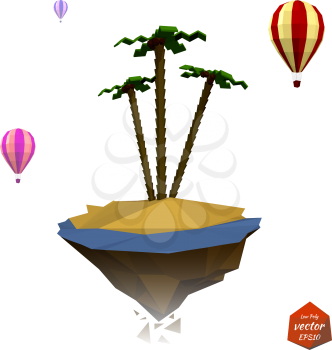 Exotic banner: the island with the sea and plamami, balloons isolated on white background. Vacation, travel, flight. Nature, landscape. Green tourism. Low poly style. Vector illustration.