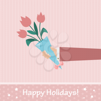 Pink celebratory background with a bouquet of tulips and man's hand. Design holiday cards, banners. Birthday. Retro, old. Vector illustration.