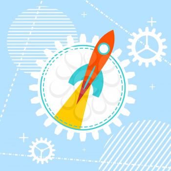 Blue technology background with a rocket at the start. Design your start-ups, workshops, training programs and projects. Vector illustration.