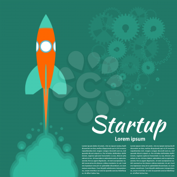 Green banner with rocket. Startup. Flat style. Vector illustration.