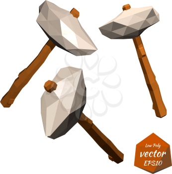 Ancient stone ax with a wooden handle isolated on a white background. Low poly style. Vector illustration.