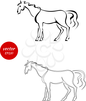A set of silhouettes of horse with beautiful mane isolated on white background. Vector illustration.