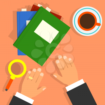 Banner businessman with a notebook, a magnifying glass and a cup of coffee. Vector illustration.