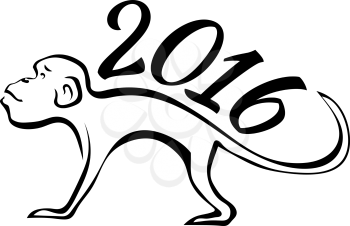 Silhouette of the monkey and 2016  isolated on white background. Design of the calendar. Vector illustration.