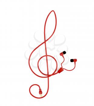 The music concept headphones with a red cable in the form of a treble clef isolated on white background. 3d illustration.