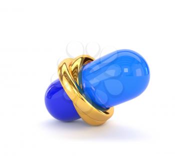 Wedding gold rings and medical capsule isolated on white background. The concept of aid sexual relations in marriage. 3d illustration.
