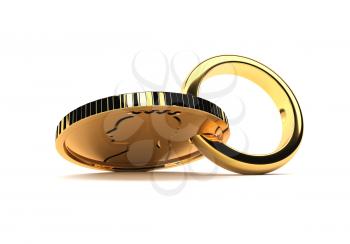Wedding ring and coin isolated on white background. The concept of a marriage of convenience. 3d illustration.