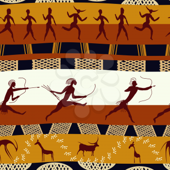 Seamless african texture with figures of primitive people and animals. Vector illustration