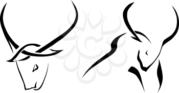 A set of sketches of bulls with large horns isolated on white background. Vector illustration.