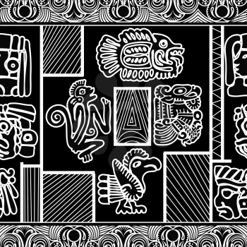 Black and white seamless pattern with Fish, Monkey and Birds. Vector illustration