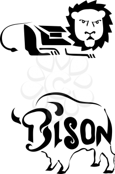 A set of sketches and bull Egyptian lion, isolated background. Logo, trademark farm. Vector illustration.