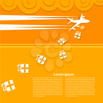 Yellow background with airplane and gifts. Banner design for your airline. Vector 
illustration.