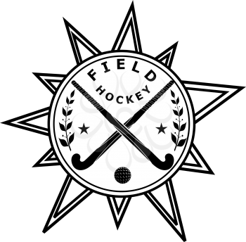 Two black silhouettes sticks for field hockey, ball on an abstract star. Vector illustration.