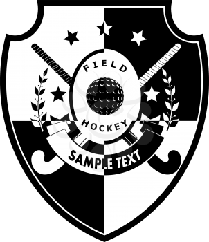 Sign field hockey on shield - two sticks, ball, ribbon with text, laurel branches and the 
stars. Vector illustration.