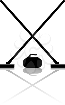 Brooms and stone for curling with reflection on a white background. Vector illustration.