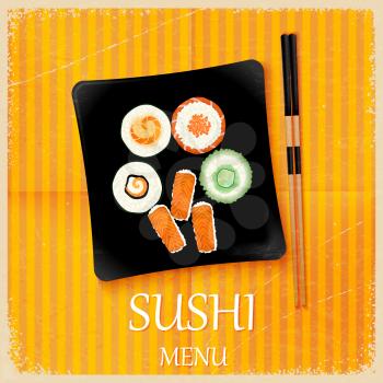 Retro vintage sushi menu with a square plate. Vector illustration