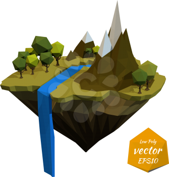 Flying island with the mountains and the waterfall. Low poly style. Vector illustration