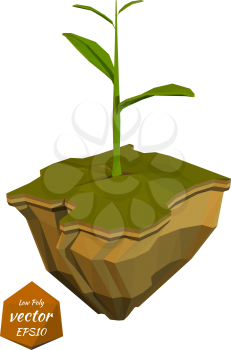 Young sprout on a abstract island. Low poly style. Vector illustration
