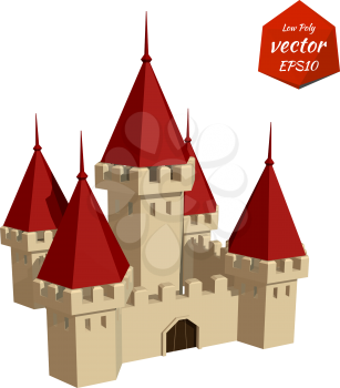Cartoon Castle with red roofs. Low poly style. Vector illustration.