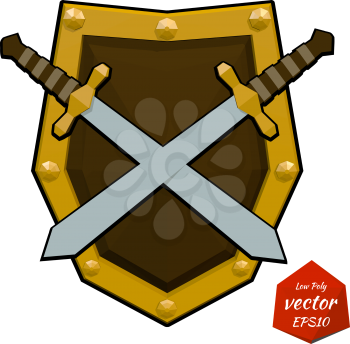 Low poly shield and swords. Vector illustration