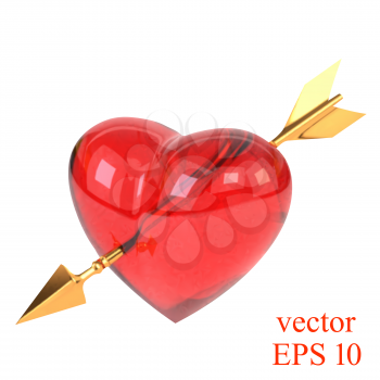 Red heart pierced by a golden arrow isolated on white background. Cupid's arrow. Vector 
illustration.
