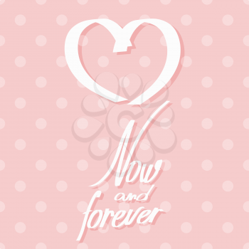 Pink card with heart and inscription. Vector illustration
