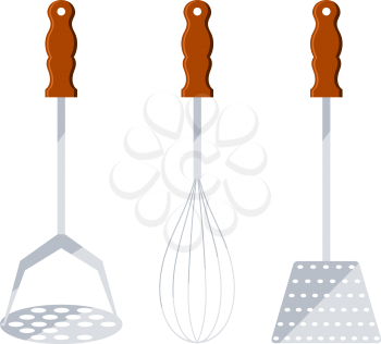 Set of kitchen metal tools with wooden handles. Sleek style. Vector illustration