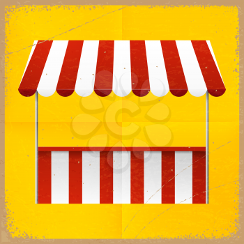 Striped awning on a yellow vintage background . Retro Card. Vector illustration