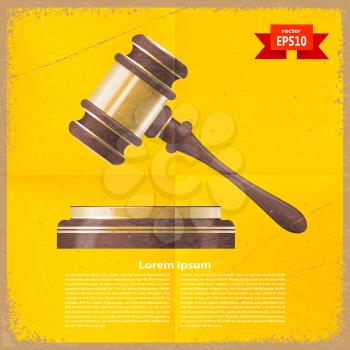 Yellow retro background with a hammer of a judge. Vector illustration.