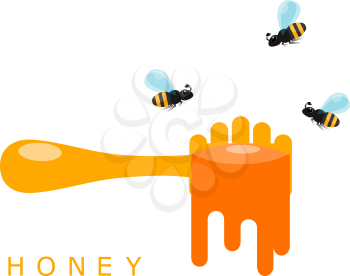 Ladle for honey and bees on a white background. Vector illustration