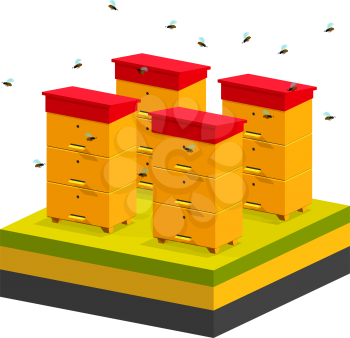 Isometric hives on schematic background of the earth. Vector apiary icon on green grass. Ecological concepts, healthy food. Apiary on the meadow, beehives, bee in isometric style. Stock vector
