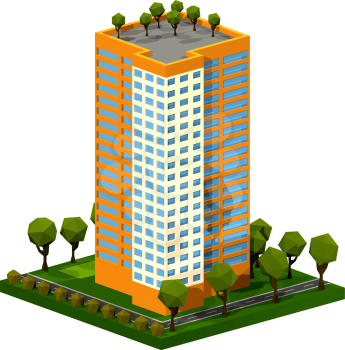 Polygon isometric multi-storey building. Residential house on a white background. Isometric style. 
Vector illustration of an apartment building with trees, shrubs, highway. Icon isometric house. Stoc