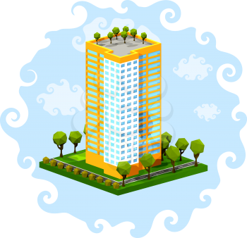 Polygon isometric multi-storey building on a blue background. Residential house on a white 
background. Isometric style. Vector illustration of an apartment building with trees, shrubs, highway. 
Icon