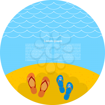 Seaside. Beach shoes on the beach. Vector sunny beach with shoes. Illustration of beach Flip-flops on the sand, waves and shadow of an umbrella. Summer travel concept. Design element for the travel ag