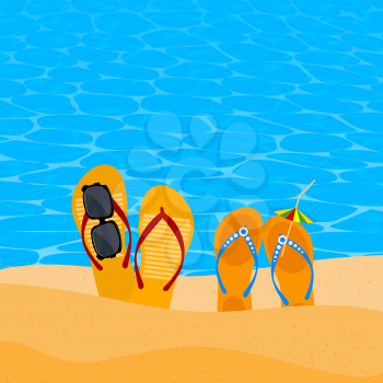 Two pairs slap on the seashore. Beach shoes on the sand with sunglasses and umbrella. Concept of summer vacation. Element  of travel agency advertising. Beach concept. Illustration of summer vacation.