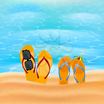 Two pairs slap on the seashore. Beach shoes on the sand with sunglasses and umbrella. The concept of summer vacation. Element for design of travel agency advertising. Beach concept. Illustration of su
